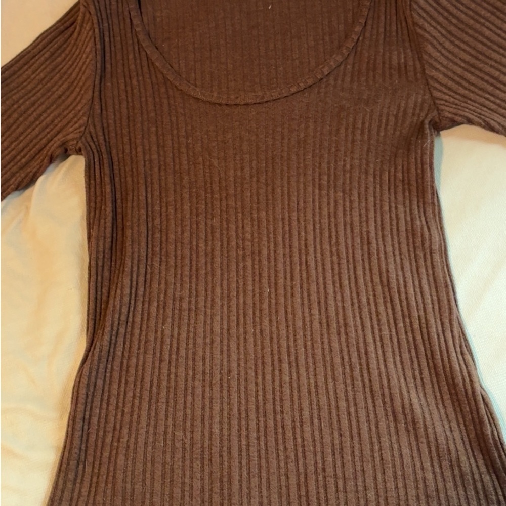 Ribbed Brown mid Sleeve Top